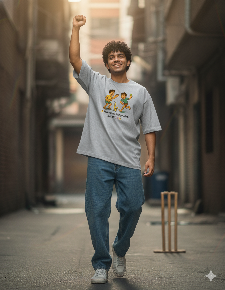 Gully Cricket Rules Tee – “Warning: Not ICC” Unisex Oversized T-Shirt