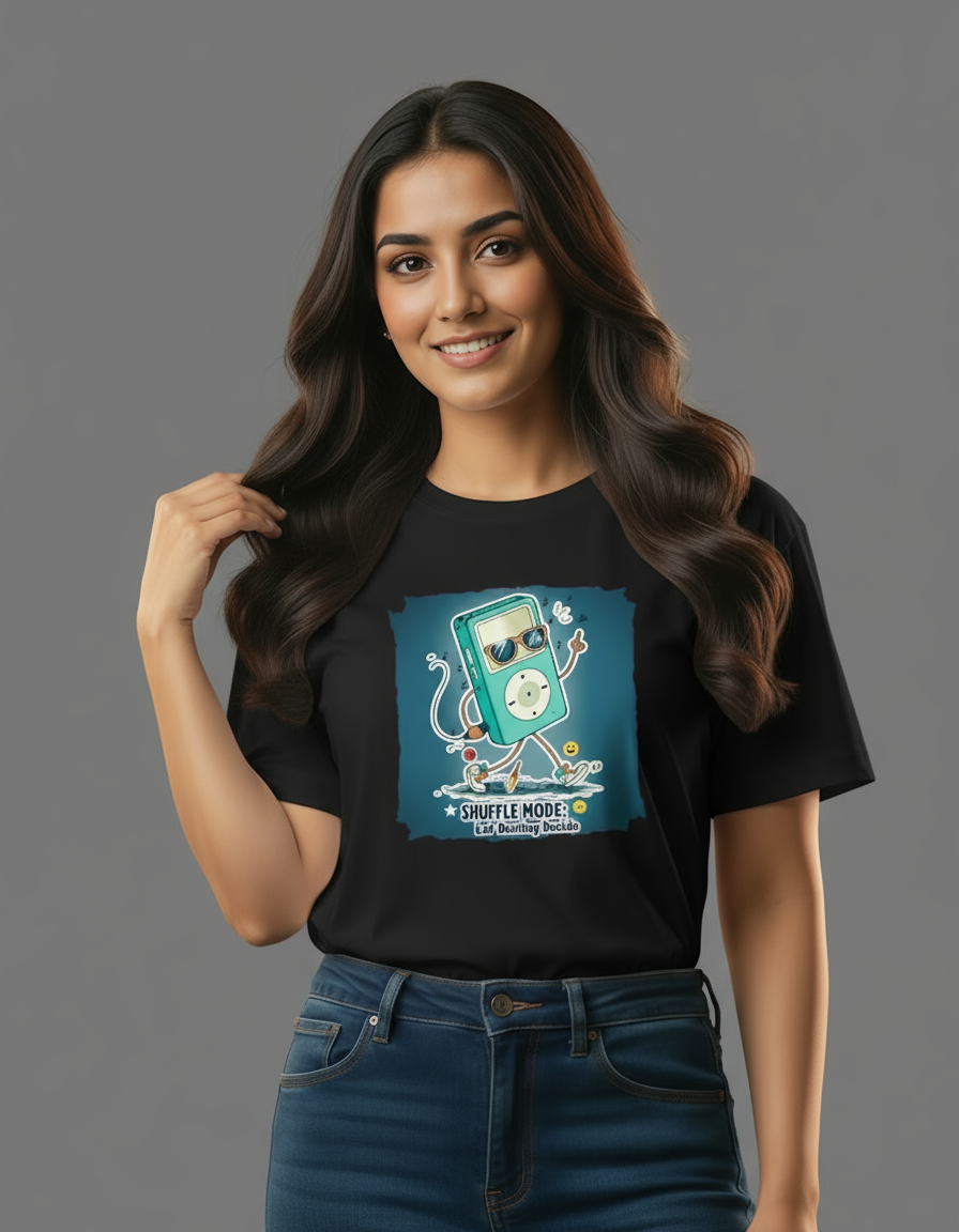 Woman wearing a black t-shirt with a graphic design on a gray background