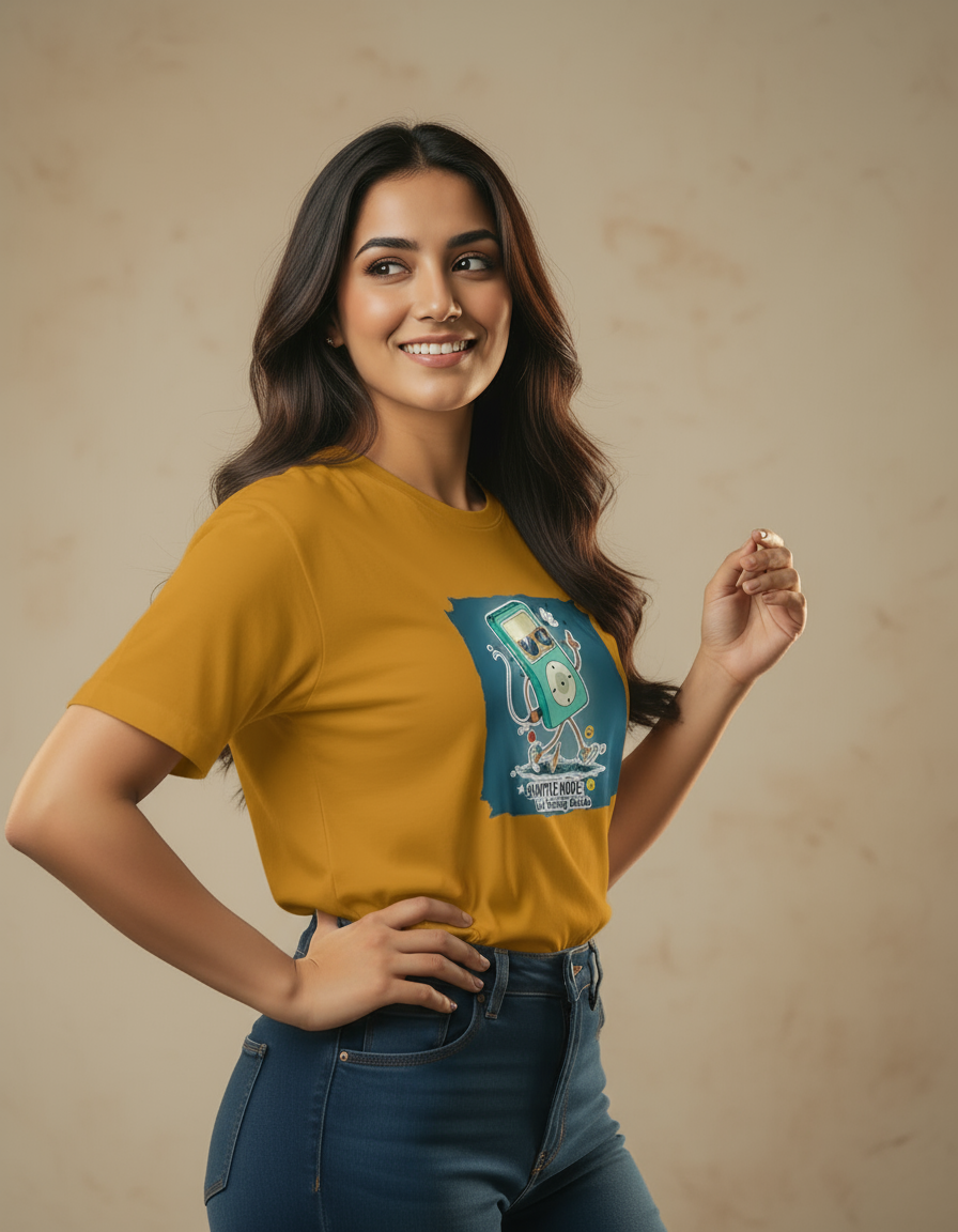 Woman wearing a mustard yellow t-shirt with a graphic design on a beige background