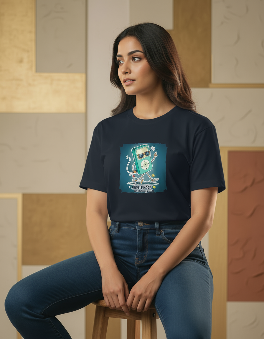 Woman wearing a black t-shirt with a graphic design, sitting on a wooden stool.