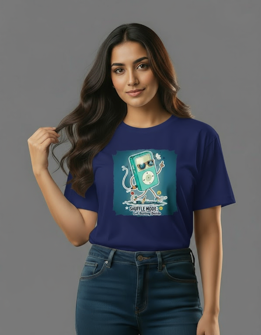 Woman wearing a blue t-shirt with a graphic design on a gray background