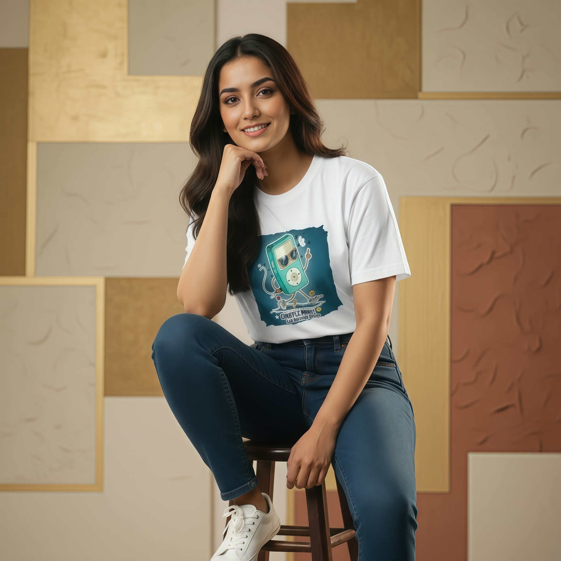 Woman wearing a white t-shirt with a graphic design, sitting on a stool against a patterned wall.