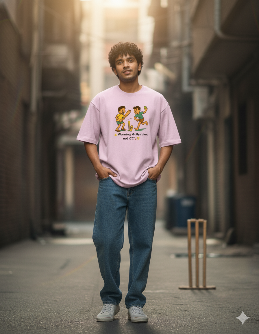 Gully Cricket Rules Tee – “Warning: Not ICC” Unisex Oversized T-Shirt