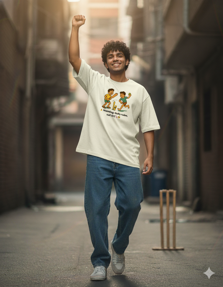 Gully Cricket Rules Tee – “Warning: Not ICC” Unisex Oversized T-Shirt