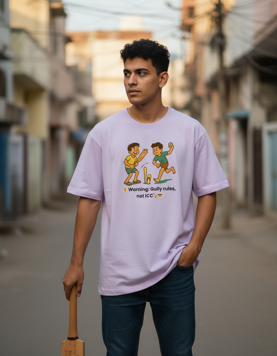 Gully Cricket Rules Tee – “Warning: Not ICC” Unisex Oversized T-Shirt